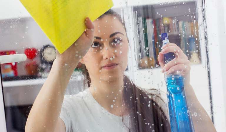 Woman in white top holding a blue bottle and yellow cloth cleaning mirror.