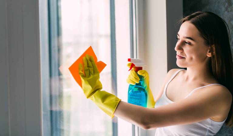 Woman in white top and yellow glove holding a bottle and cleaning window with a orange cloth.