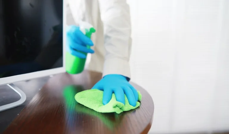 A man in white dress and blue gloves cleaning a table inside a office.