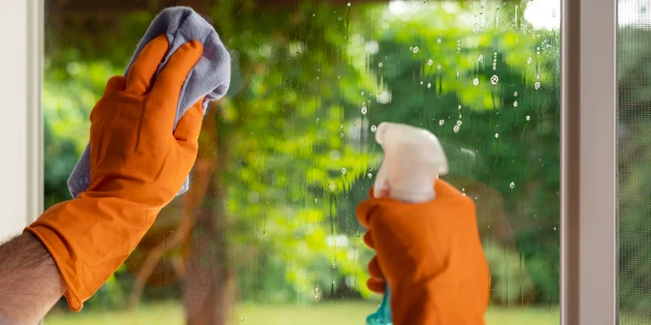Hand in orange gloves washing window.