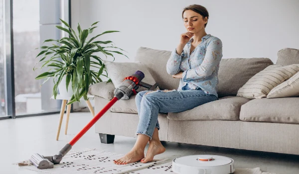 Woman sitting on sofa and choosing vacuum cleaner