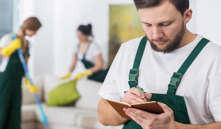 A man writes on a notebook with women cleaning room in the background