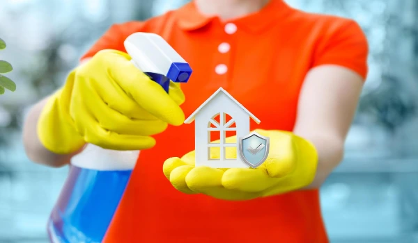A woman in an orange shirt and yellow gloves holds a bottle of house cleaner