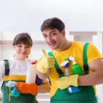 Cleaning professional contractors working at house