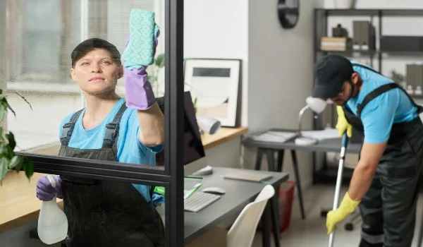 Cleaning workers cleaning office room
