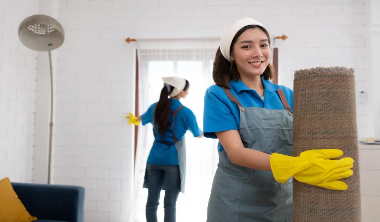 Young women cleaning maid in uniform and rubber gloves are cleaning the room fold up carpet