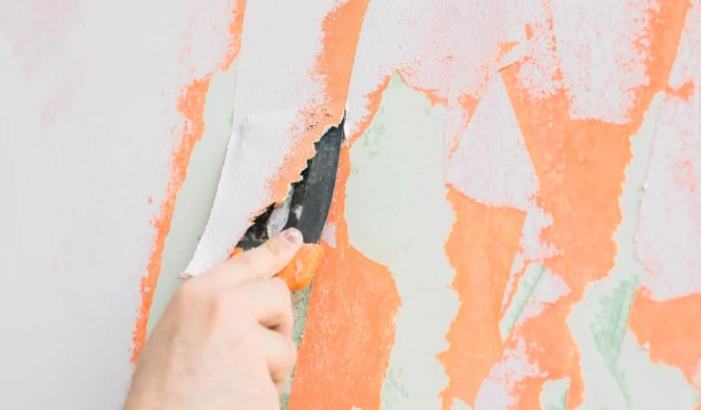 Young man using spatula and peeling tape off the wall