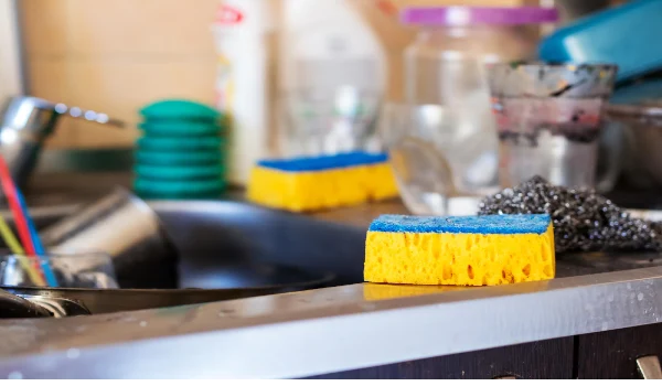 A bright yellow and vivid blue sponge resides in a kitchen sink