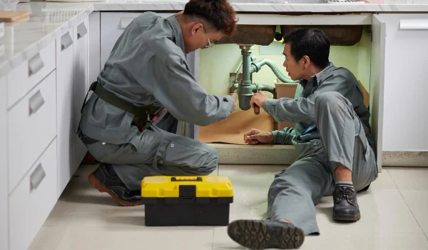 Plumbers installing new plastic pipes under kitchen sink