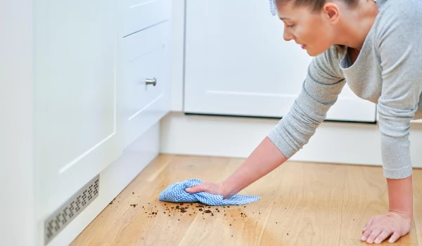 Young woman cleaning dirt from the floor