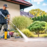 A man power washing a patio on a sunny day in a wellmaintained garden