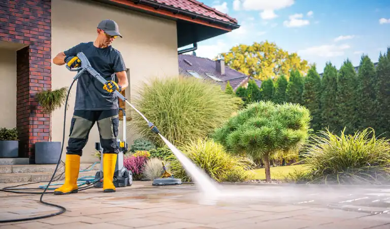 A man power washing a patio on a sunny day in a wellmaintained garden