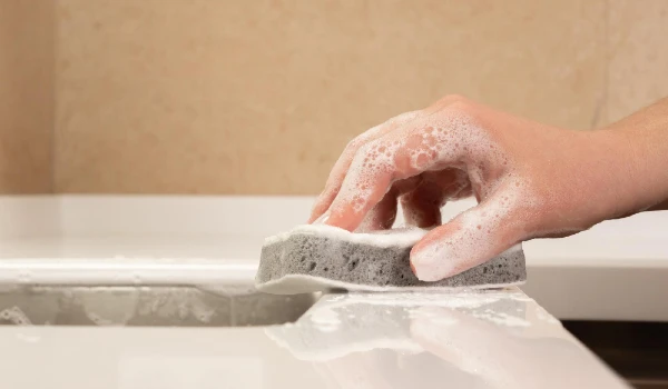 Closeup of a hand with a sponge and foam while cleaning