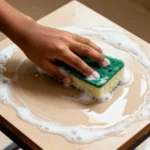 Middle eastern boy wiping table with sponge cleanup scene with foam textures and soft reflections