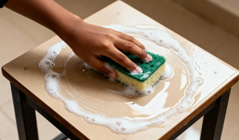 Middle eastern boy wiping table with sponge cleanup scene with foam textures and soft reflections