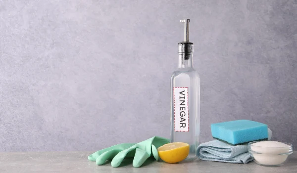 Natural cleaning products vinegar in bottle baking soda lemon glove and sponge on light grey table space for text