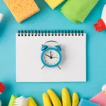 Above photo of equipment for cleaning and notebook with alarm clock in the middle isolated on the blue background