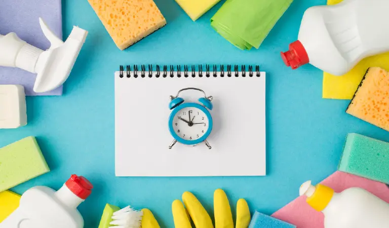 Above photo of equipment for cleaning and notebook with alarm clock in the middle isolated on the blue background