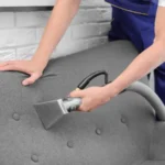 Dry cleaning worker removing dirt from sofa indoors