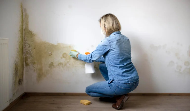 Portrait of woman sitting on floor and cleaning the mould on wall