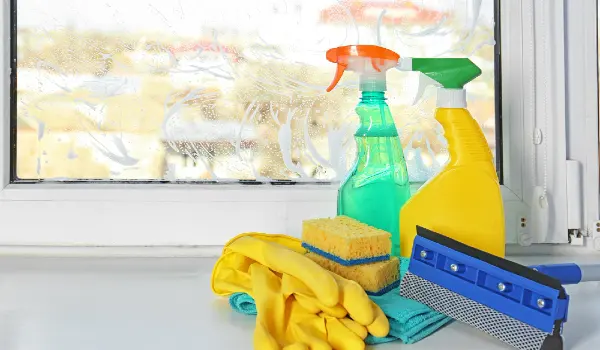 Cleaning supplies on window sill