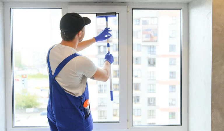 Male professional cleaning service worker in overalls cleans the windows